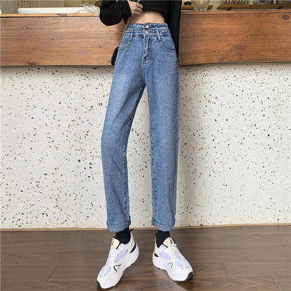 Damen Mom-Jeans Hochtaillierte Abnehmbare Säume Blau Eveloria