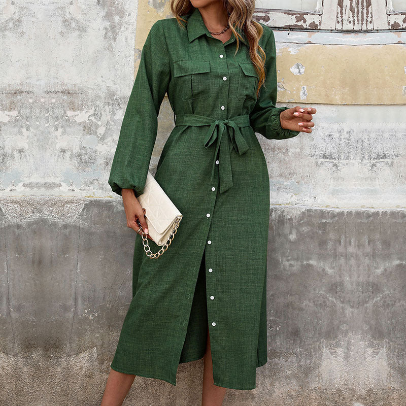 Damen Hemdblusenkleid Langarm mit Gürtel und Schlitz Schwarz - Eveloria