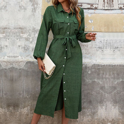 Damen Hemdblusenkleid Langarm mit Gürtel und Schlitz Schwarz - Eveloria