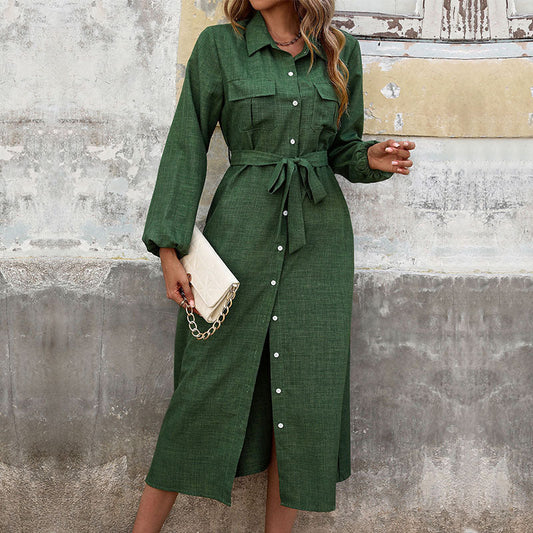 Damen Hemdblusenkleid Langarm mit Gürtel und Schlitz Schwarz - Eveloria
