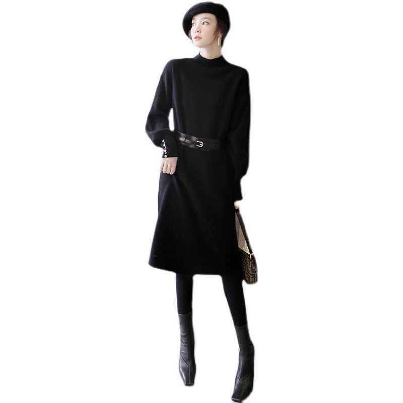 Damen Strickkleid Stehkragen Modische Knöpfe Eveloria