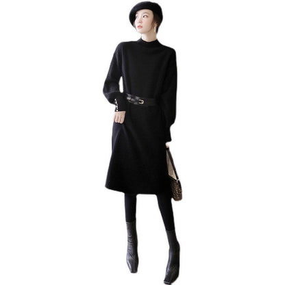 Damen Strickkleid Stehkragen Modische Knöpfe Eveloria
