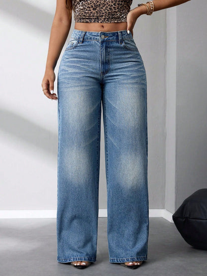 Damen High-Waist Jeans Weit Geschnitten Vintage-Stil Eveloria
