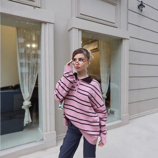 Damen Strickpullover Gestreift Polokragen Eveloria - Eveloria