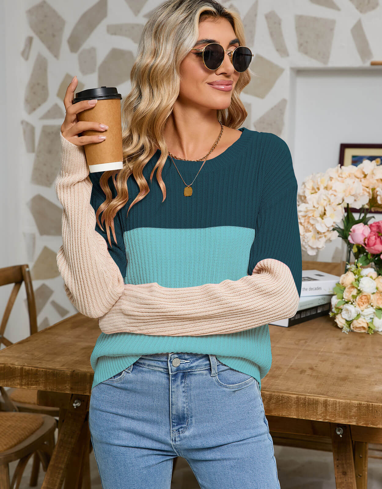 Damen Strickpullover Farbblockdesign Eveloria