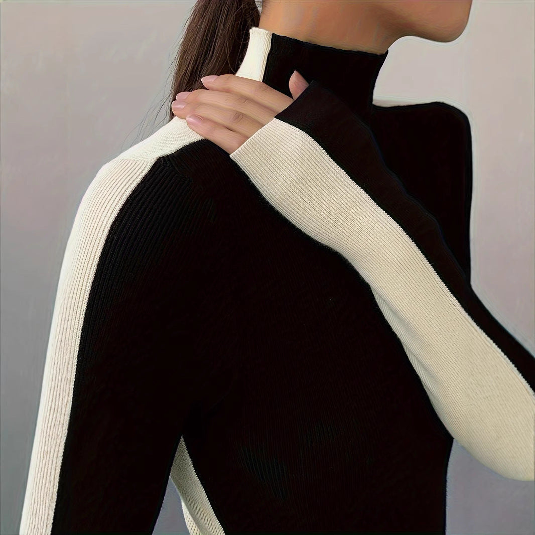 Damen Rollkragenpullover Kontrastärmel Eveloria