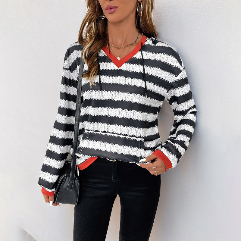 Damen Pullover Baumwolle Gestreift V-Ausschnitt Blau - Eveloria