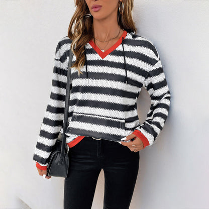 Damen Pullover Baumwolle Gestreift V-Ausschnitt Blau - Eveloria