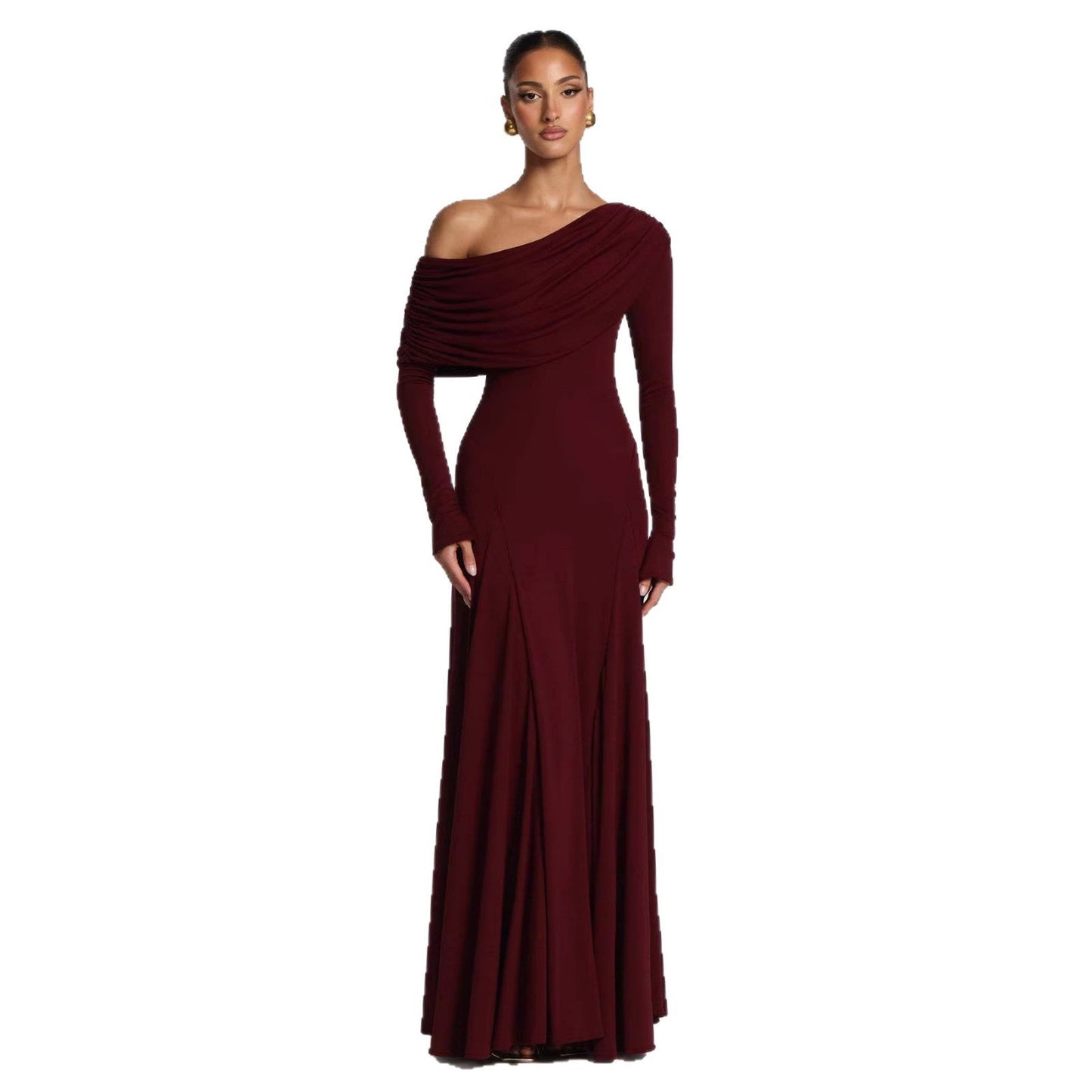 Damen Langarm-Maxikleid Asymmetrisch Drapierung Elegante Abendkleid