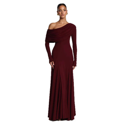 Damen Langarm-Maxikleid Asymmetrisch Drapierung Elegante Abendkleid