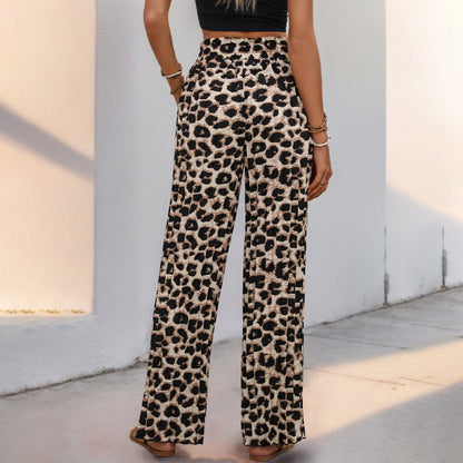Damen Leinenhose Weit Geschnitten Elastischer Bund Leopardenmuster