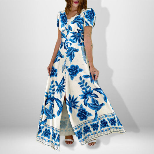 Damen Maxikleid Florales Wickel-Design Knöpfbarem Oberteil - Eveloria