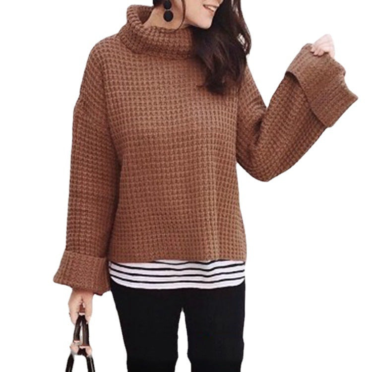 Damen Grobstrickpullover Hochschließend Voluminöse Ärmel Eveloria