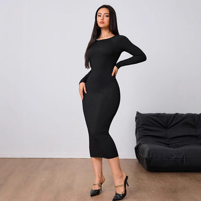 Damen Midi-Kleid Rundhalsausschnitt Länge Ärmel Eveloria - Eveloria