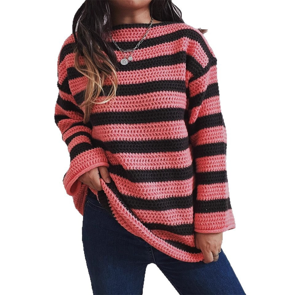 Damen Oversized-Pullover Gestrickt Breites Streifenmuster