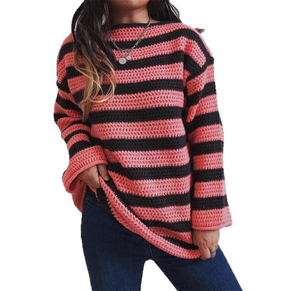Damen Oversized-Pullover Gestrickt Breites Streifenmuster