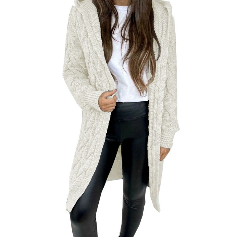 Damen Strickmantel mit Kapuze Kabelmuster Beige