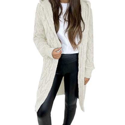 Damen Strickmantel mit Kapuze Kabelmuster Beige