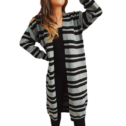 Damen Strickjacke Lang Gestreift Offener Schnitt