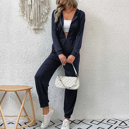 Damen Kapuzen-Overall Sweat mit Reißverschluss Elastisch