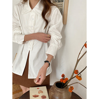 Damen Bluse Spitzenkragen Elegantes Design Weiss