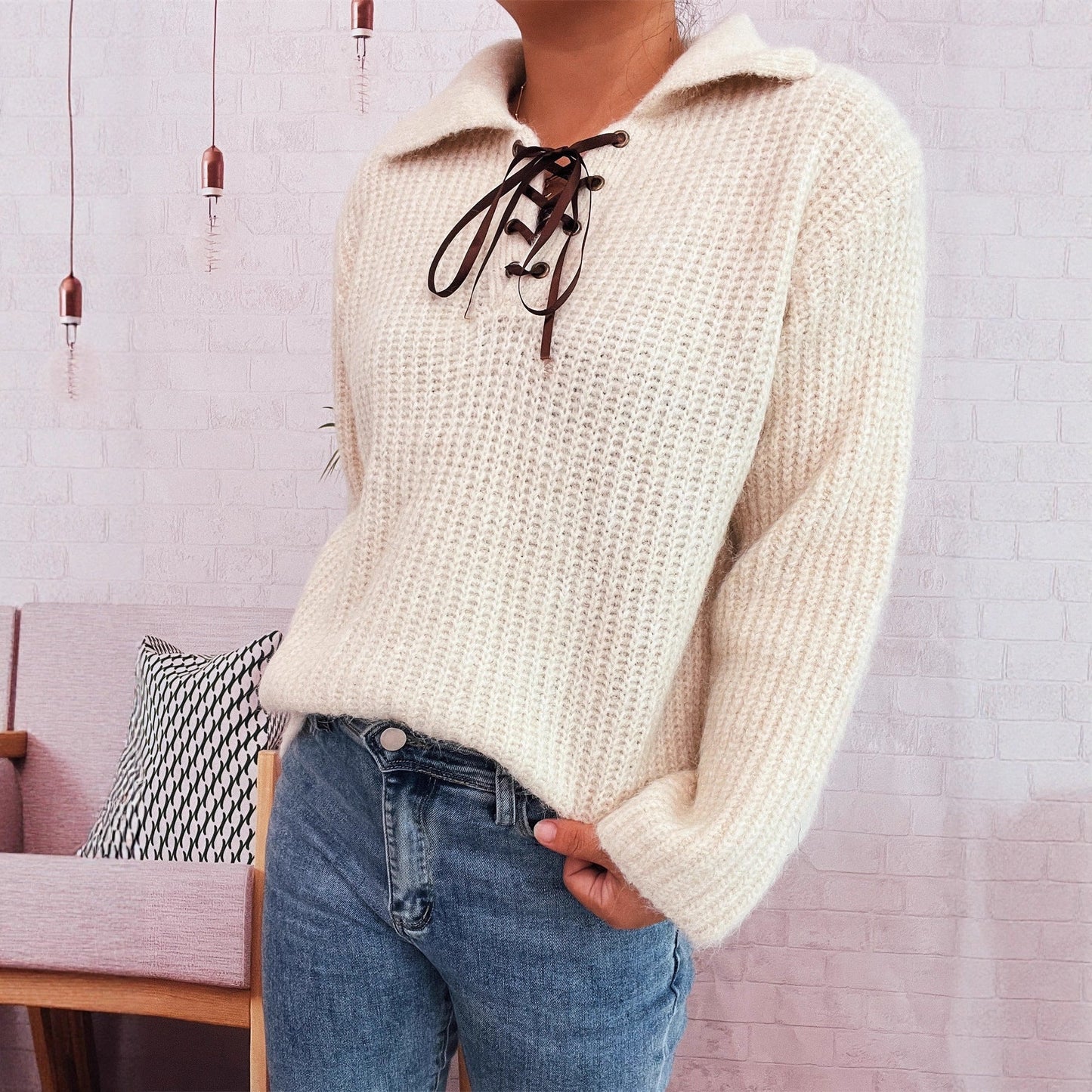 Damen Pullover Weiches Strickmaterial Mit Schnürung Beige