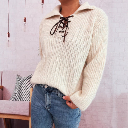 Damen Pullover Weiches Strickmaterial Mit Schnürung Beige