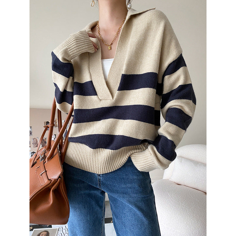 Damen Strickpullover V-Ausschnitt Streifen - Eveloria