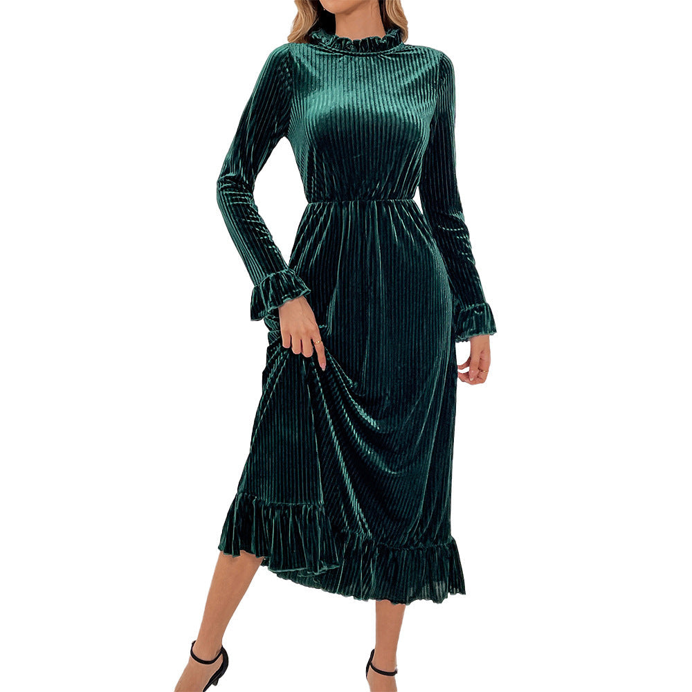 Damen Langarm-Wickelkleid Samt Rüschendetails Eveloria