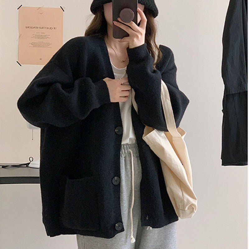 Damen Oversized Strickjacke V-Ausschnitt mit Taschen