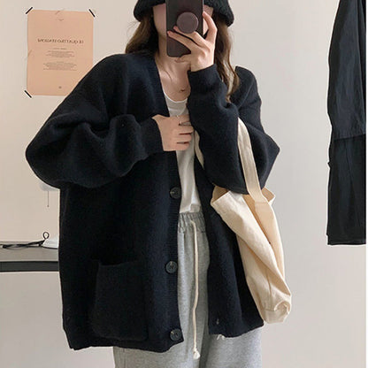 Damen Oversized Strickjacke V-Ausschnitt mit Taschen