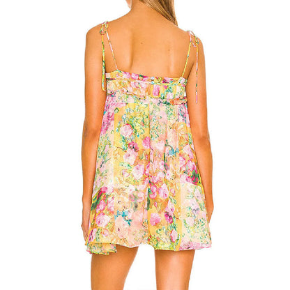 Damen Minikleid Floral mit Spaghettiträgern und Rüschendetails