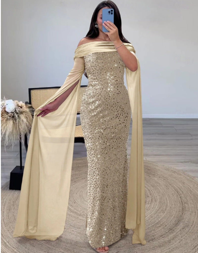 Damen Abendkleid Schulterfrei Glitzernd Langärmlig Eveloria