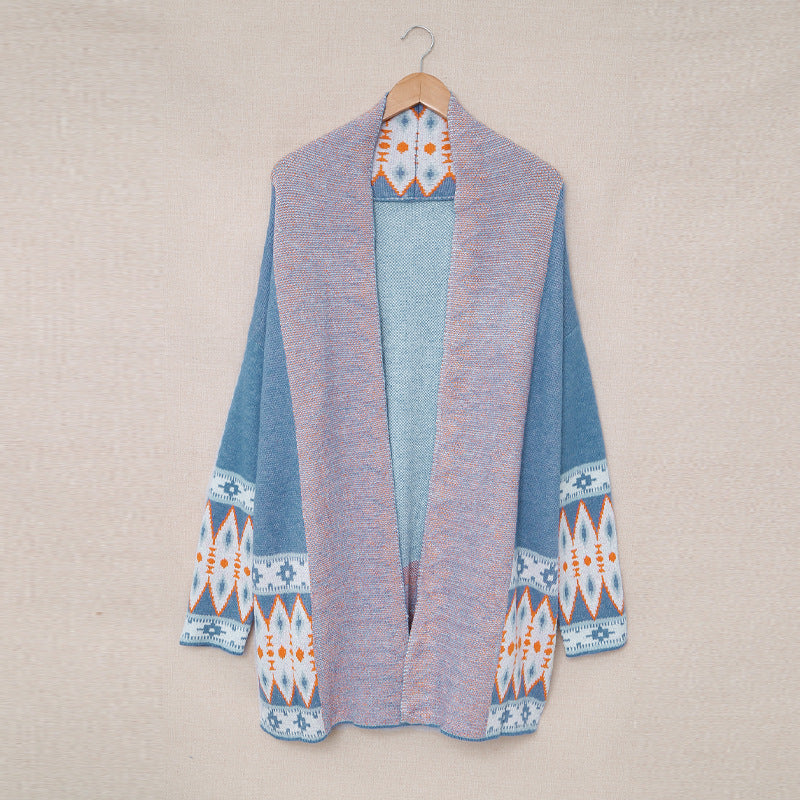 Damen Langarmstrickjacke Geometrisches Muster Offene Taschen Eveloria
