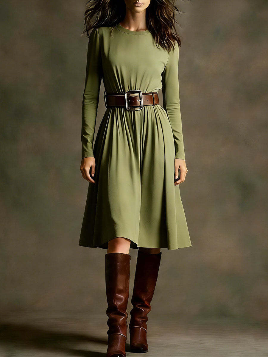 Damen Elegantes Kleid Langarm Taillengürtel Eveloria
