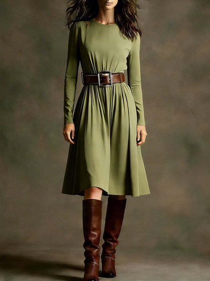 Damen Elegantes Kleid Langarm Taillengürtel Eveloria