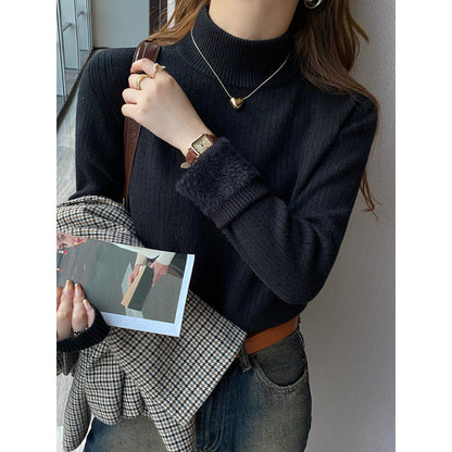 Damen Pullover Rollkragen Flauschsaum Grau