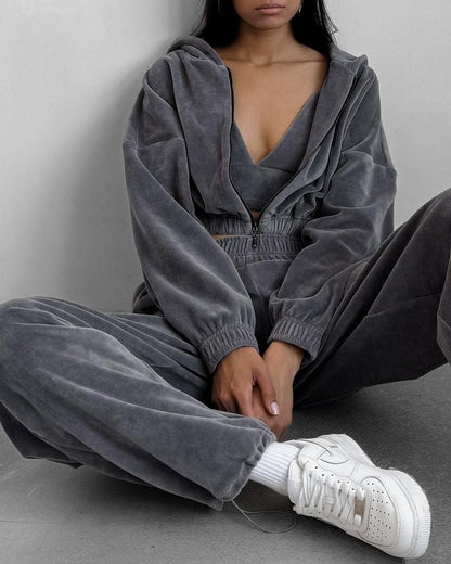 Damen Velours-Jogginganzug Kapuze Reißverschluss Eveloria