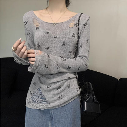 Damen Langarmshirt Risse Verspielt Motiv Eveloria