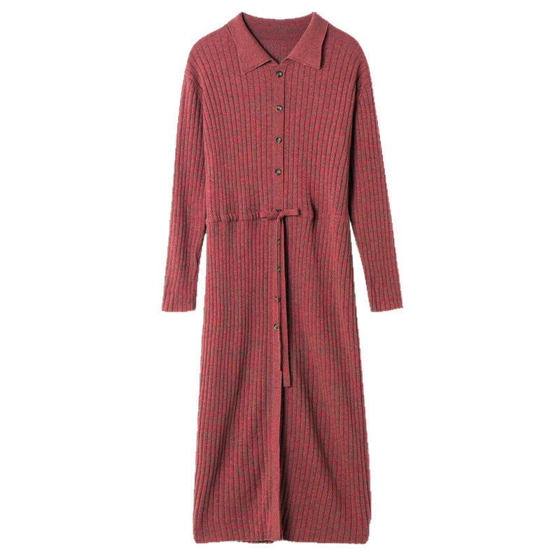 Damen Strickkleid Stehkragen Taillengürtel Eveloria