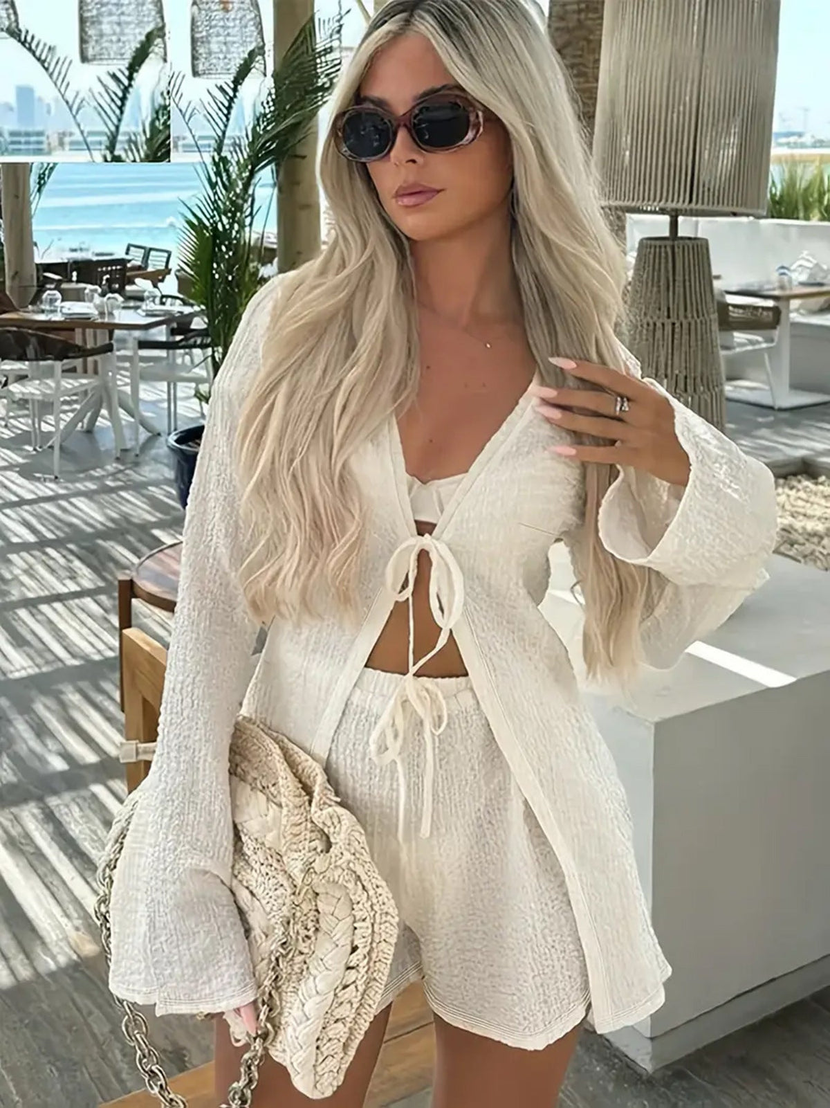 Damen Strick-Set Lässige Shorts Reißverschluss Beige