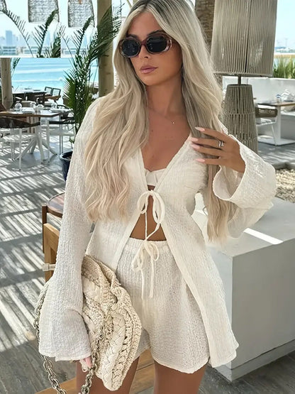 Damen Strick-Set Lässige Shorts Reißverschluss Beige