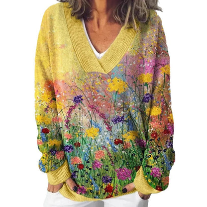 Damen Pullover V-Ausschnitt Floralmuster Lässig Eveloria
