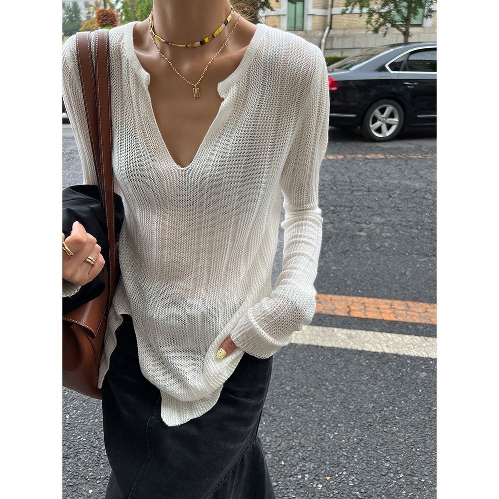 Damen Grobstrickpullover V-Ausschnitt Länge Lang Ärmel Beige