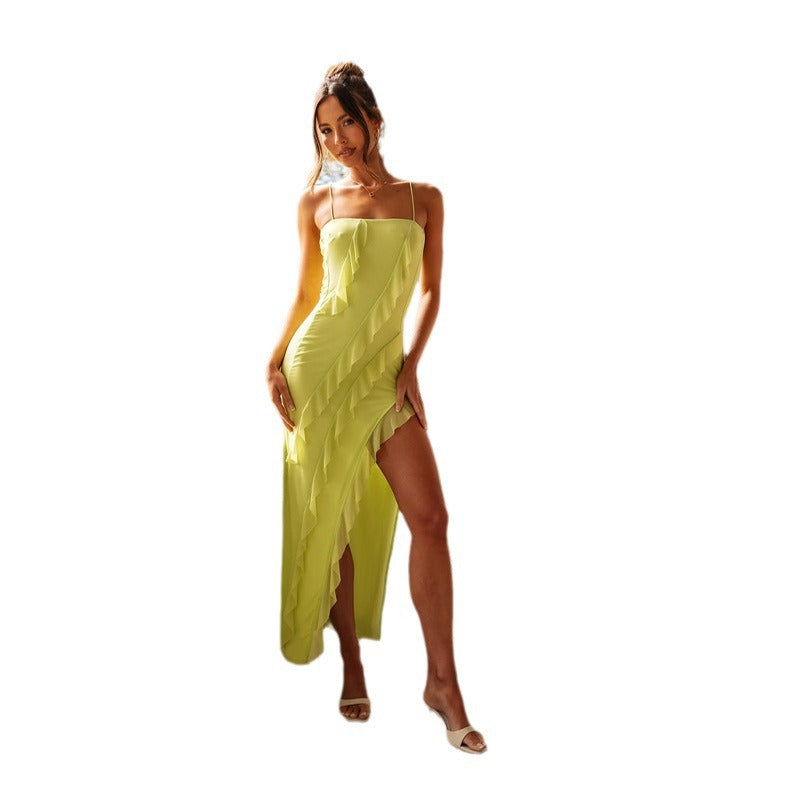 Damen Sommerkleid Rüschen Seidenkleid mit Schlitz Beige