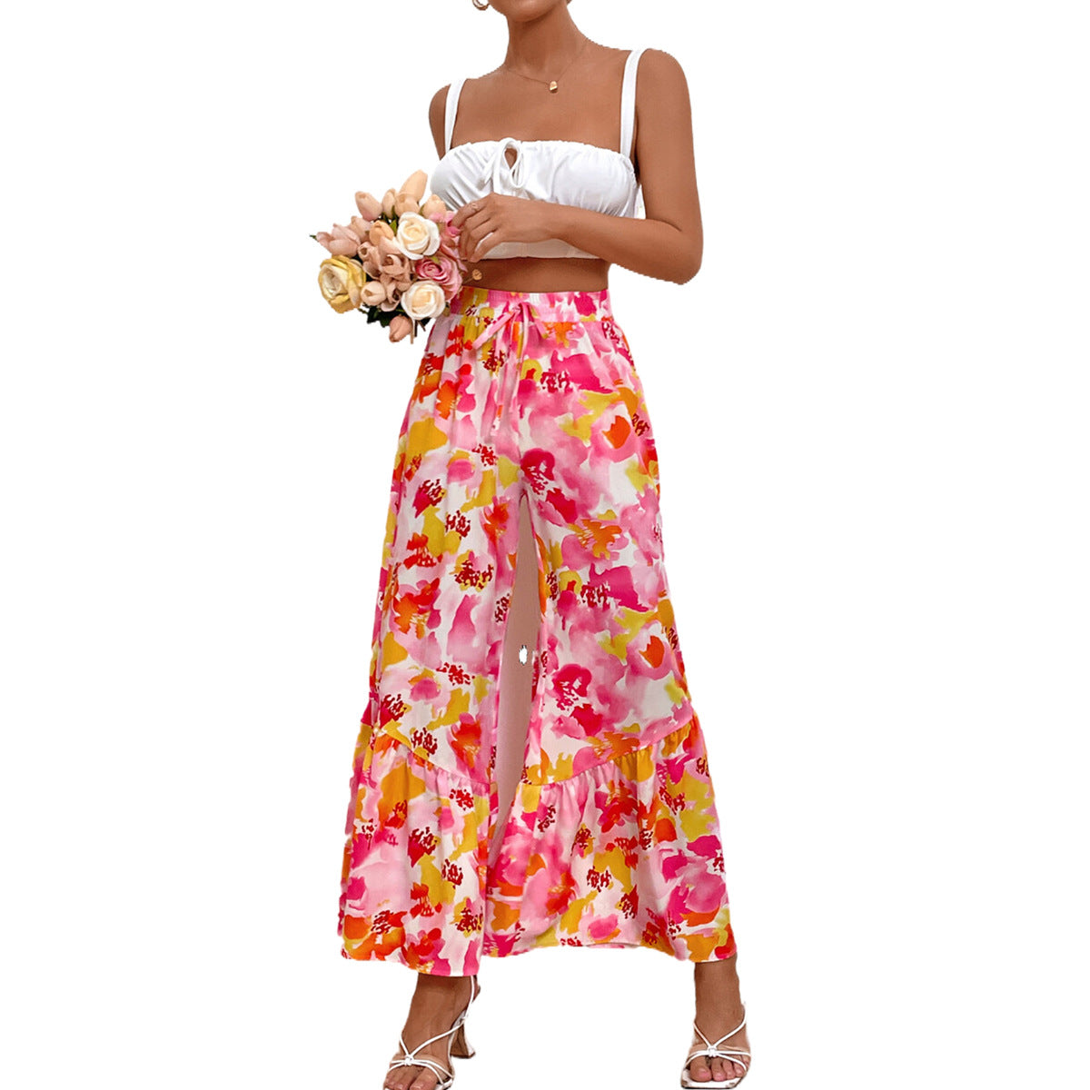 Damen Palazzo-Hose Bunt Blumen Rüschendetails