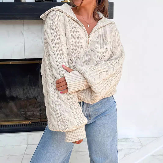 Damen Strickpullover mit Kapuze und Reißverschluss Grau - Eveloria