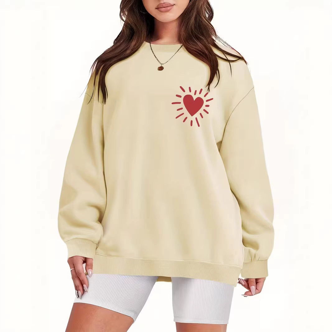 Damen Sweatshirt Lässig Übergroß Herzmotiv Grau