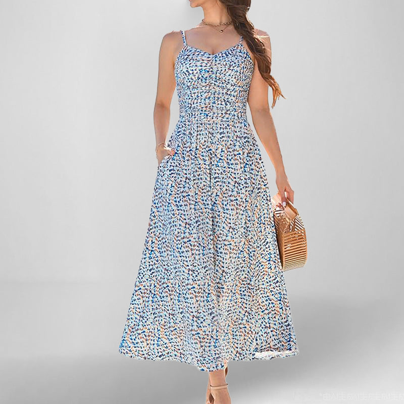 Damen Maxikleid Schmale Träger Baumwolle Mit Seitentaschen Beige