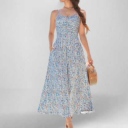 Damen Maxikleid Schmale Träger Baumwolle Mit Seitentaschen Beige